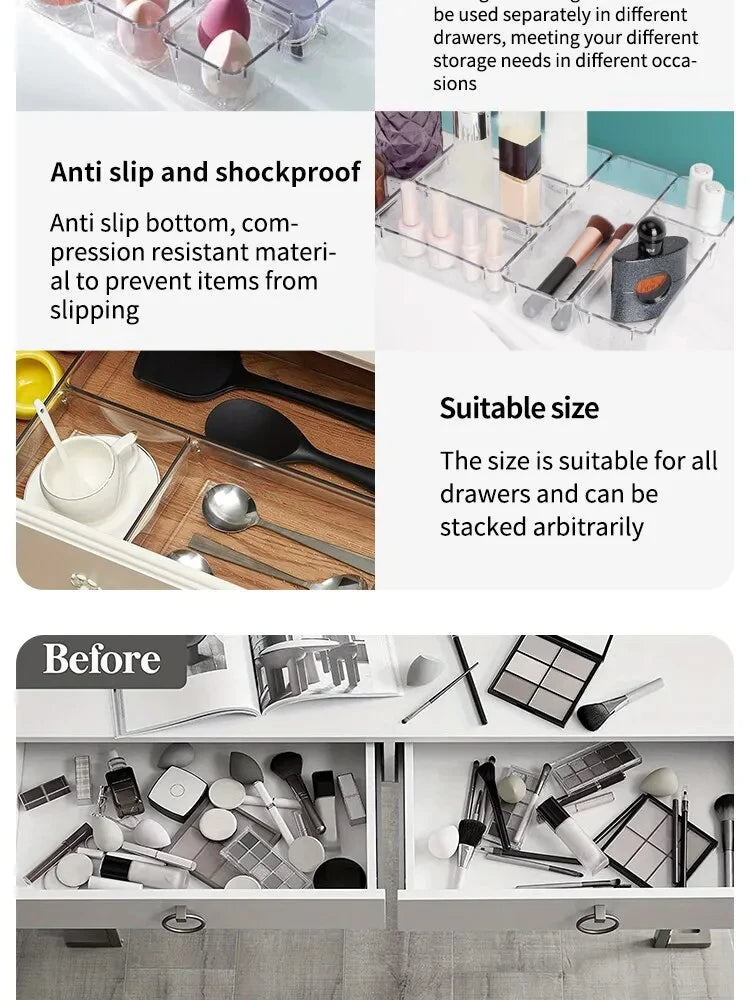 Drawer Organizers Set, Clear Plastic Desk Dividers & Storage Bins for Bedroom Dresser, Office, Makeup, Jewelry & Gadgets