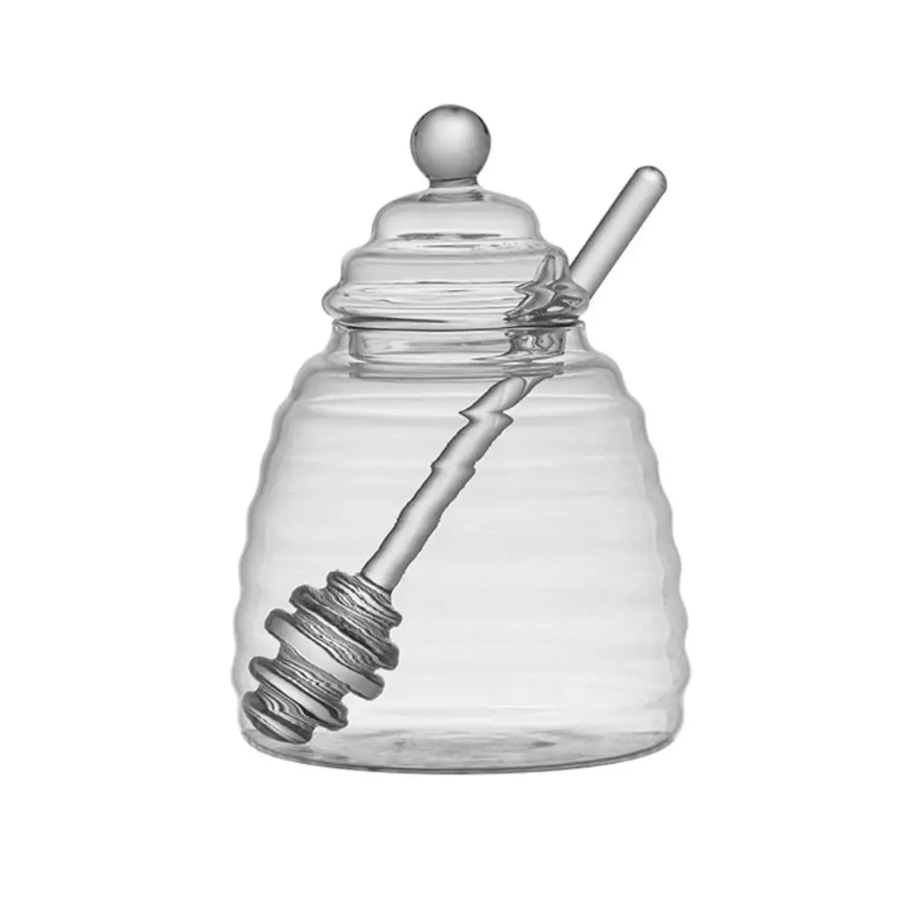 Transparent Honey Pot with Dipper and Lid – Honeycomb Design Honey Tank Kitchen Honey Bottle
