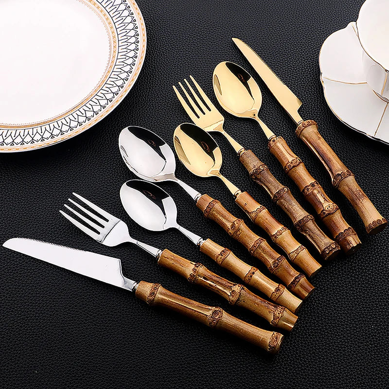24PCS Bamboo Cutlery Set, Stainless Steel Flatware with Natural Bamboo Handles for Dinner & Steak