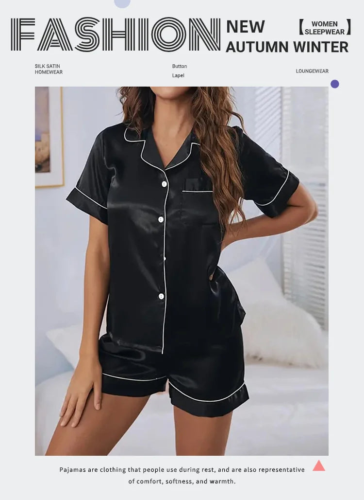 Women’s Satin Pajama Set Button-Down Sleepwear with Short Sleeve Top and Shorts, 2-Piece Summer Loungewear Nightwear Set