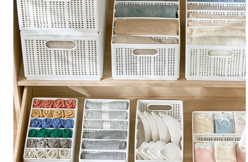 Foldable Storage Basket with Adjustable Dividers – Stackable Drawer Organizer for Bra, Underwear & Clothes