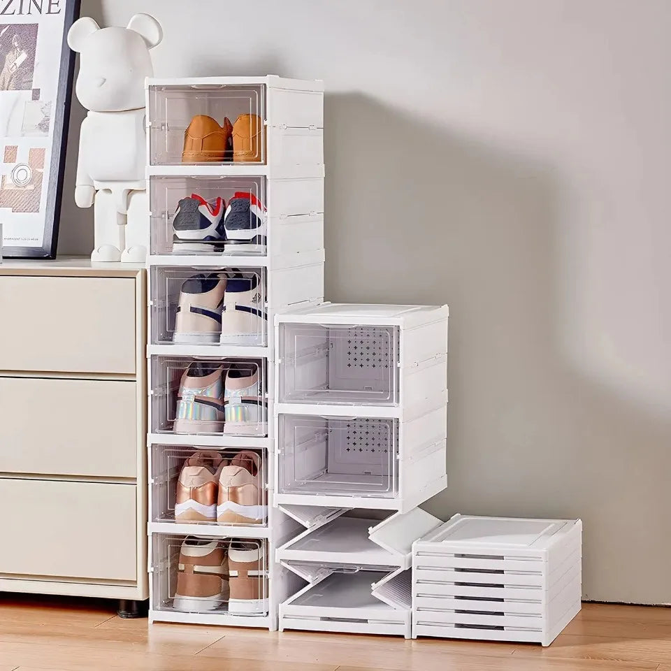 Foldable Shoe Storage Box with Transparent Door, 3/6-Layer Stackable Sneaker Organizer Cabinet