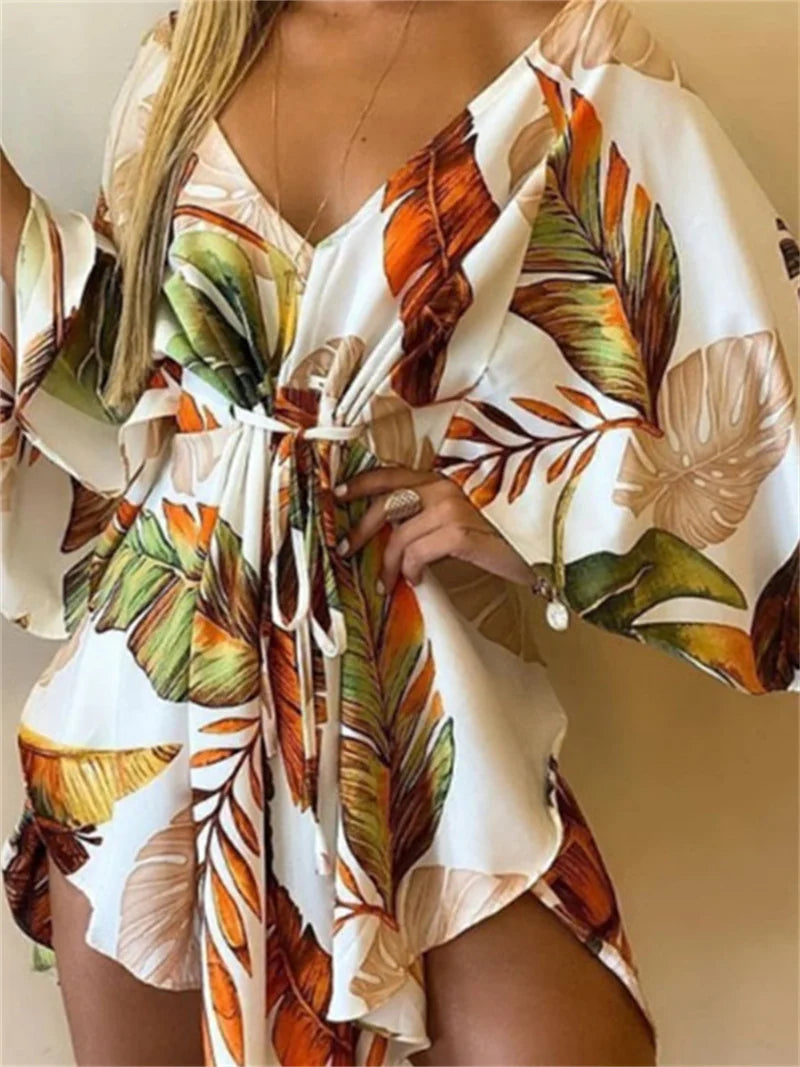 Women’s Floral Print Mini Dress with V-Neck and Batwing Sleeves, Bohemian Loose Fit Summer Beach Sundress Casual Vacation Dress