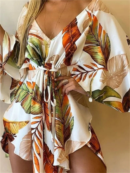 Women’s Floral Print Mini Dress with V-Neck and Batwing Sleeves, Bohemian Loose Fit Summer Beach Sundress Casual Vacation Dress