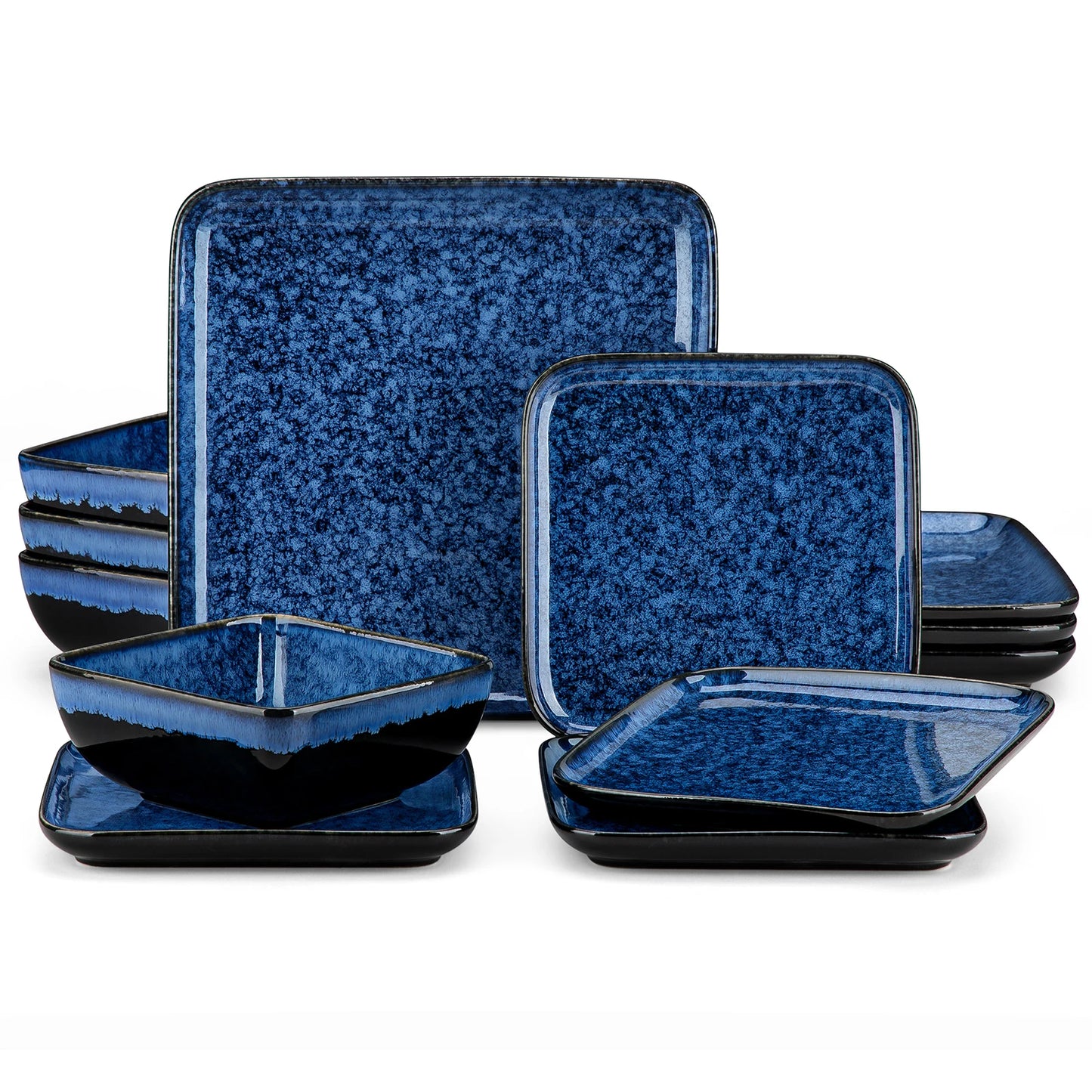 Vancasso Square Blue Ceramic Dinnerware Set, Reactive Glaze Plates & Bowls