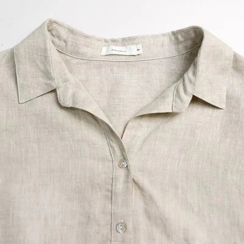 Women’s 100% Linen Half-Button V-Neck Shirt, Long Sleeve Turn-Down Collar Casual Retro Blouse for Spring and Daily Wear