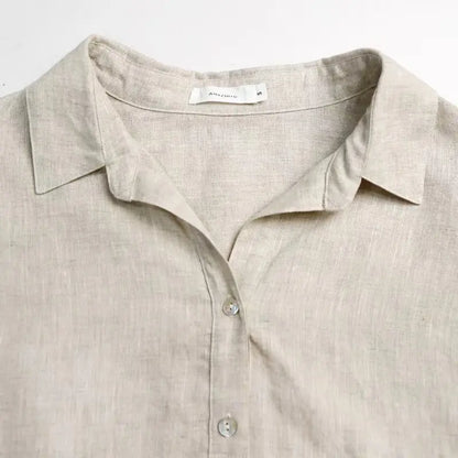 Women’s 100% Linen Half-Button V-Neck Shirt, Long Sleeve Turn-Down Collar Casual Retro Blouse for Spring and Daily Wear