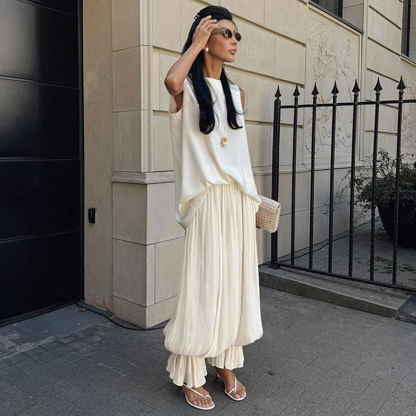 Women’s Apricot Loose Bloomers Pants with Elastic Waist, Sheer Flare Long Trousers, Elegant Autumn Streetwear Casual Wide-Leg Pants