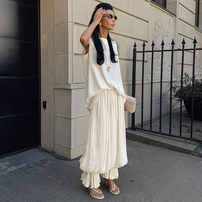 Women’s Apricot Loose Bloomers Pants with Elastic Waist, Sheer Flare Long Trousers, Elegant Autumn Streetwear Casual Wide-Leg Pants