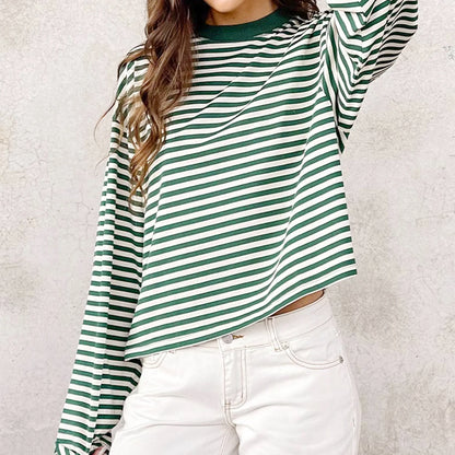 Women’s Retro Striped Long Sleeve T-Shirt, Loose Fit Crew Neck Casual Top, Vintage Streetwear Fall Pullover Tee for Ladies