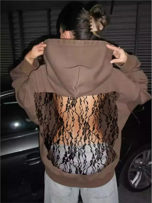 Streetwear Fashion Hoodie Woman's Sexy Solid See Through Backless Sweatshirt Autumn Winter Ladies Lace Splicing Fleece Pullover