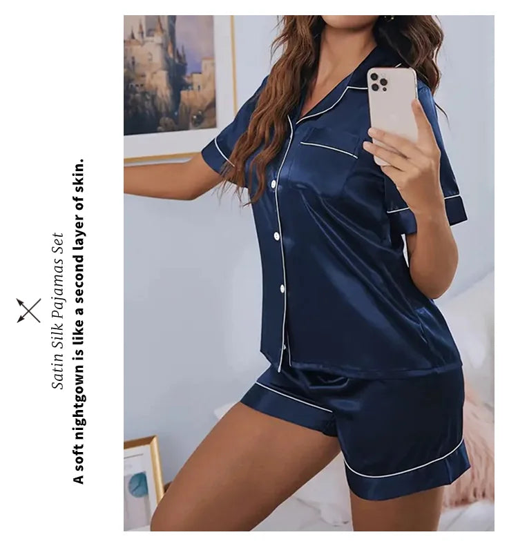Women’s Satin Pajama Set Button-Down Sleepwear with Short Sleeve Top and Shorts, 2-Piece Summer Loungewear Nightwear Set