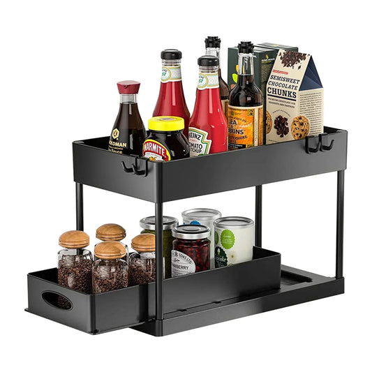 2-Tier Under Sink Organizer, Sliding Cabinet Basket Storage Rack with Hooks & Hanging Cup for Kitchen & Bathroom