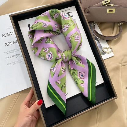 Luxury Printed Silk-Style Square Scarf for Women, Soft Satin Neckerchief Headband and Hair Ribbon, Fashion Hijab and Bag Accessory for Office and Daily Wear