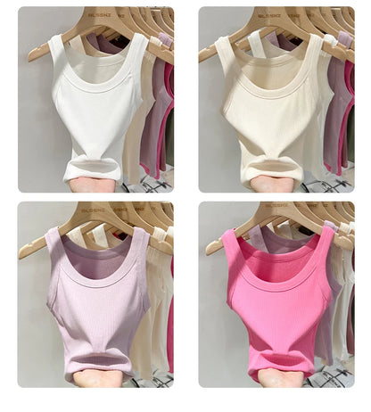 Women’s Ribbed Cotton Tank Top Solid Color Round Neck Camisole, High Stretch Summer Basic O-Neck Sleeveless Casual Top