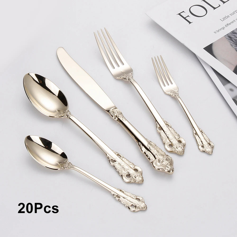 20/30PCS Luxury Gold & Silver Cutlery Set, Vintage Stainless Steel Flatware with Engraved Forks, Spoons & Knives