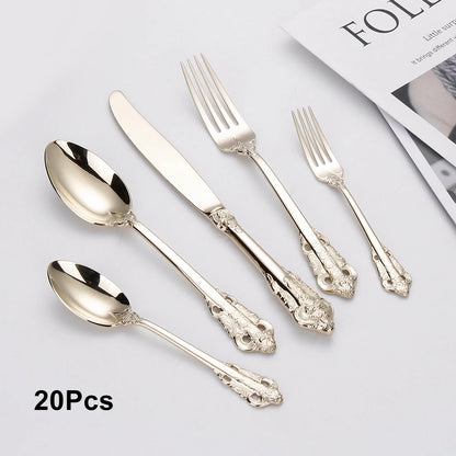 20/30PCS Luxury Gold & Silver Cutlery Set, Vintage Stainless Steel Flatware with Engraved Forks, Spoons & Knives