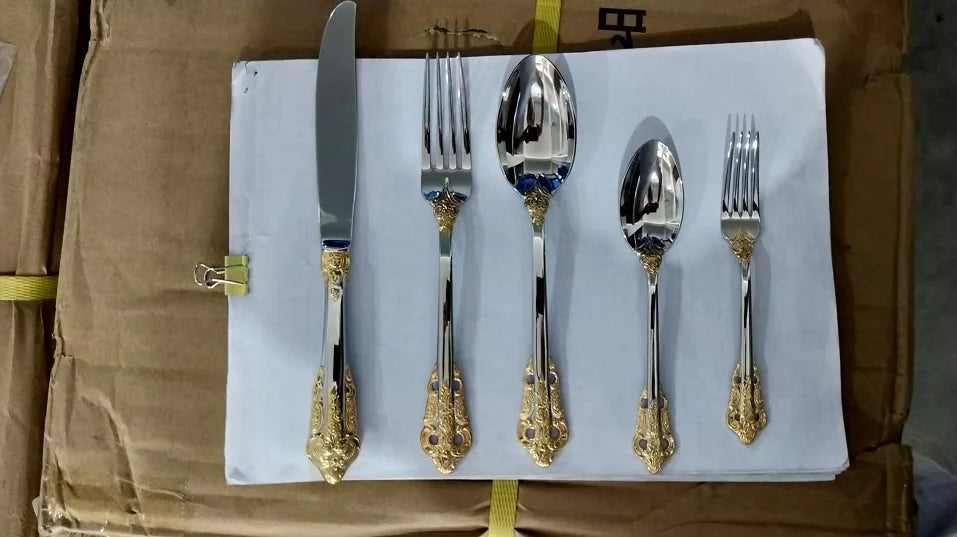 20/30PCS Luxury Gold & Silver Cutlery Set, Vintage Stainless Steel Flatware with Engraved Forks, Spoons & Knives
