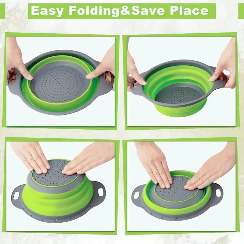 Collapsible Silicone Colander Strainer Basket, Foldable Vegetable and Fruit Washing & Draining Basket Kitchen Gadget