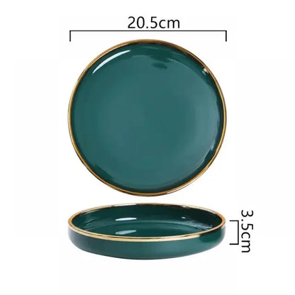 Luxury Green Ceramic Dinnerware Set with Gold Rim, Porcelain Plates & Bowls for Dessert, Salad & Soup