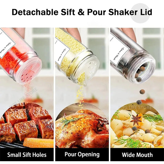 12Pcs Glass Spice Jars with Bamboo Lids – Kitchen Spice Jar Set with Minimalist Labels and Collapsible Funnel