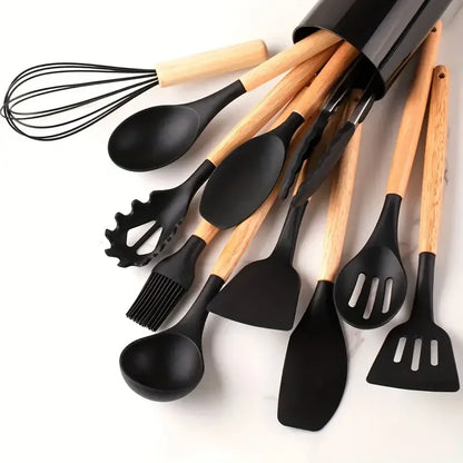 12Pcs Silicone Kitchen Utensil Set – Multi-Color Non-Stick Cooking Utensils with Wooden Handles Heat Resistant
