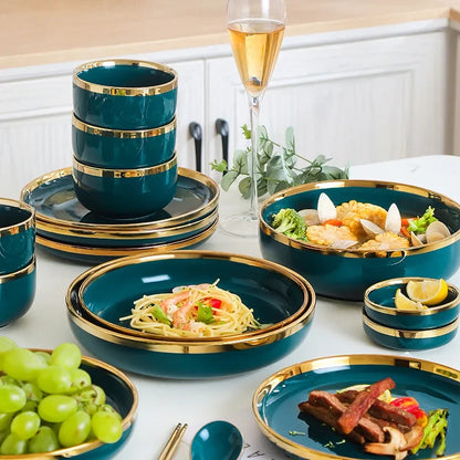Luxury Green Ceramic Dinnerware Set with Gold Rim, Porcelain Plates & Bowls for Dessert, Salad & Soup
