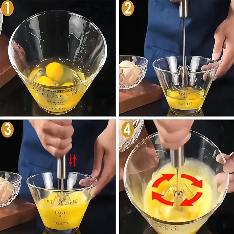 Stainless Steel Semi-Automatic Egg Beater, Hand Push Mixer for Egg, Cream and Baking Mixing