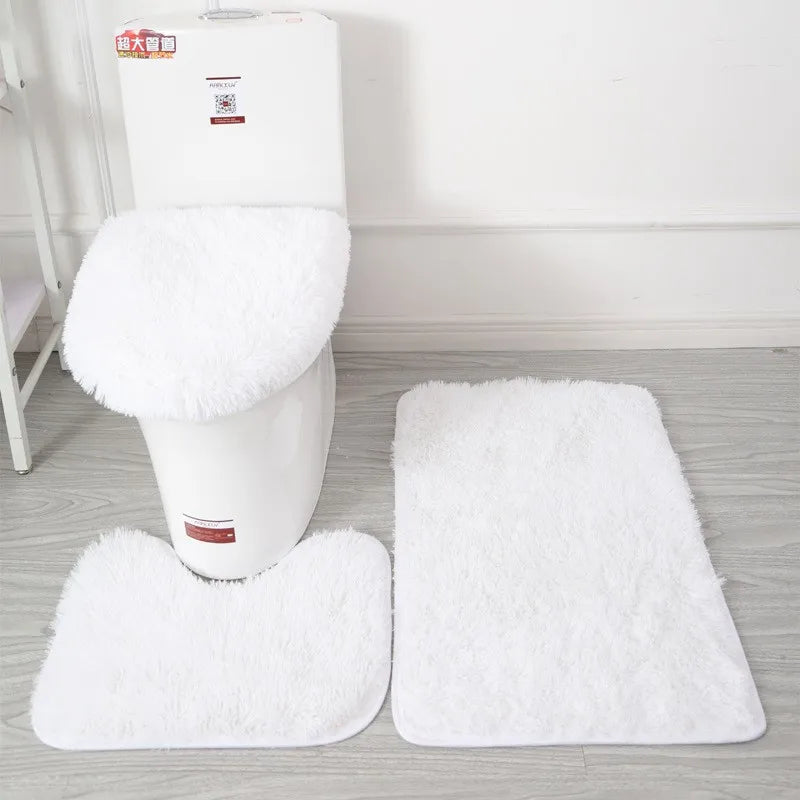 3PCS Bathroom Rug Set, Non-Slip Bath Mats with Toilet Lid Cover, Soft Fluffy Solid Color Bathroom Carpet Set