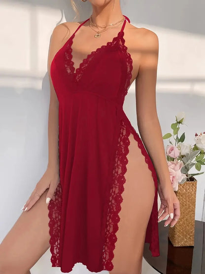 Women’s Sexy Lace Nightgown Deep V Halter Nightdress, Plus Size Loose Fit Sleepwear Lingerie for Comfortable Intimates and Loungewear