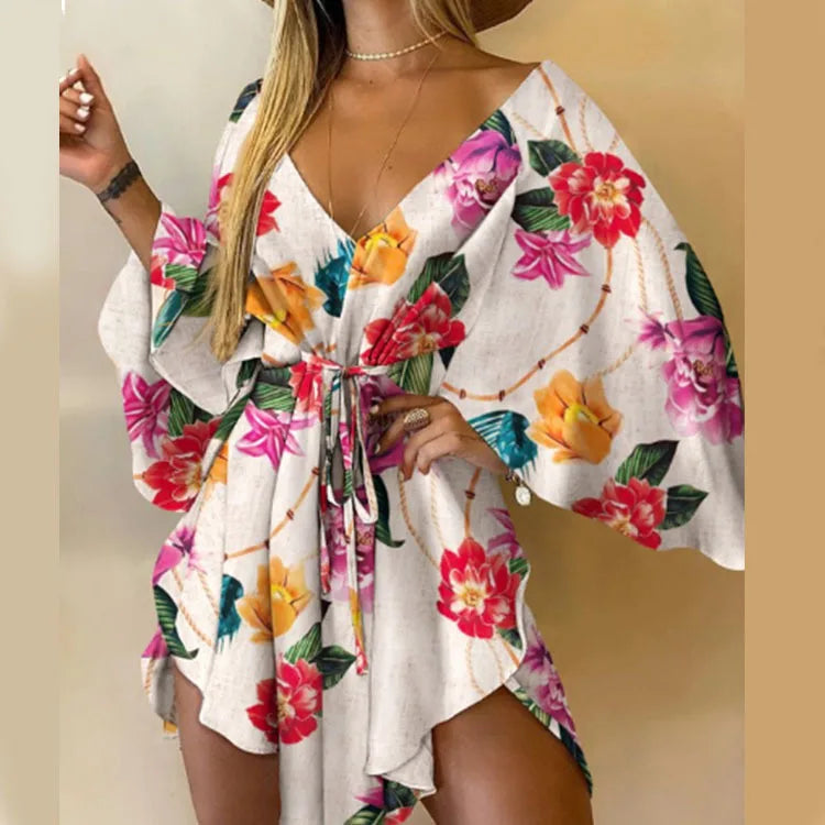 Women’s Floral Print Mini Dress with V-Neck and Batwing Sleeves, Bohemian Loose Fit Summer Beach Sundress Casual Vacation Dress