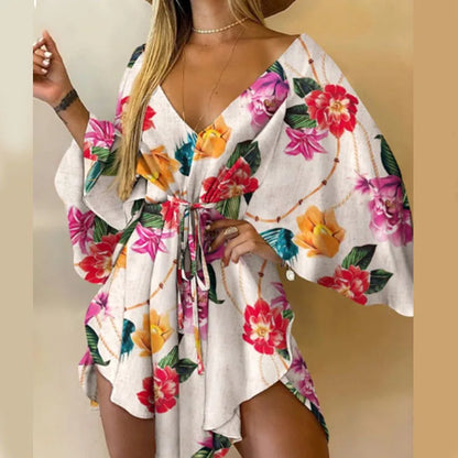 Women’s Floral Print Mini Dress with V-Neck and Batwing Sleeves, Bohemian Loose Fit Summer Beach Sundress Casual Vacation Dress