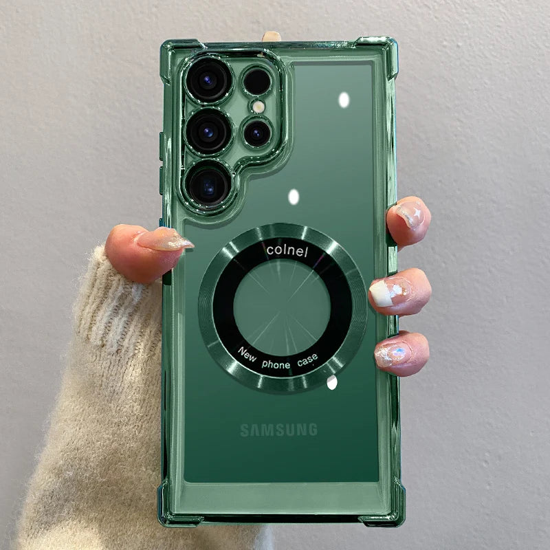 Luxury Plating Magnetic Wireless Charge Case For Samsung S25 Series Clear Lens Protection Cover