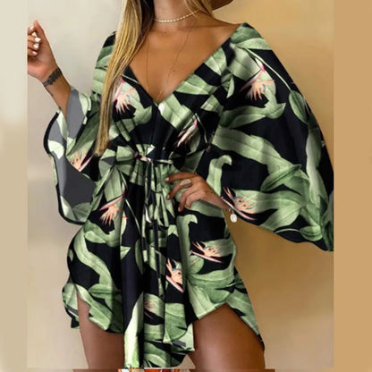 Women’s Floral Print Mini Dress with V-Neck and Batwing Sleeves, Bohemian Loose Fit Summer Beach Sundress Casual Vacation Dress