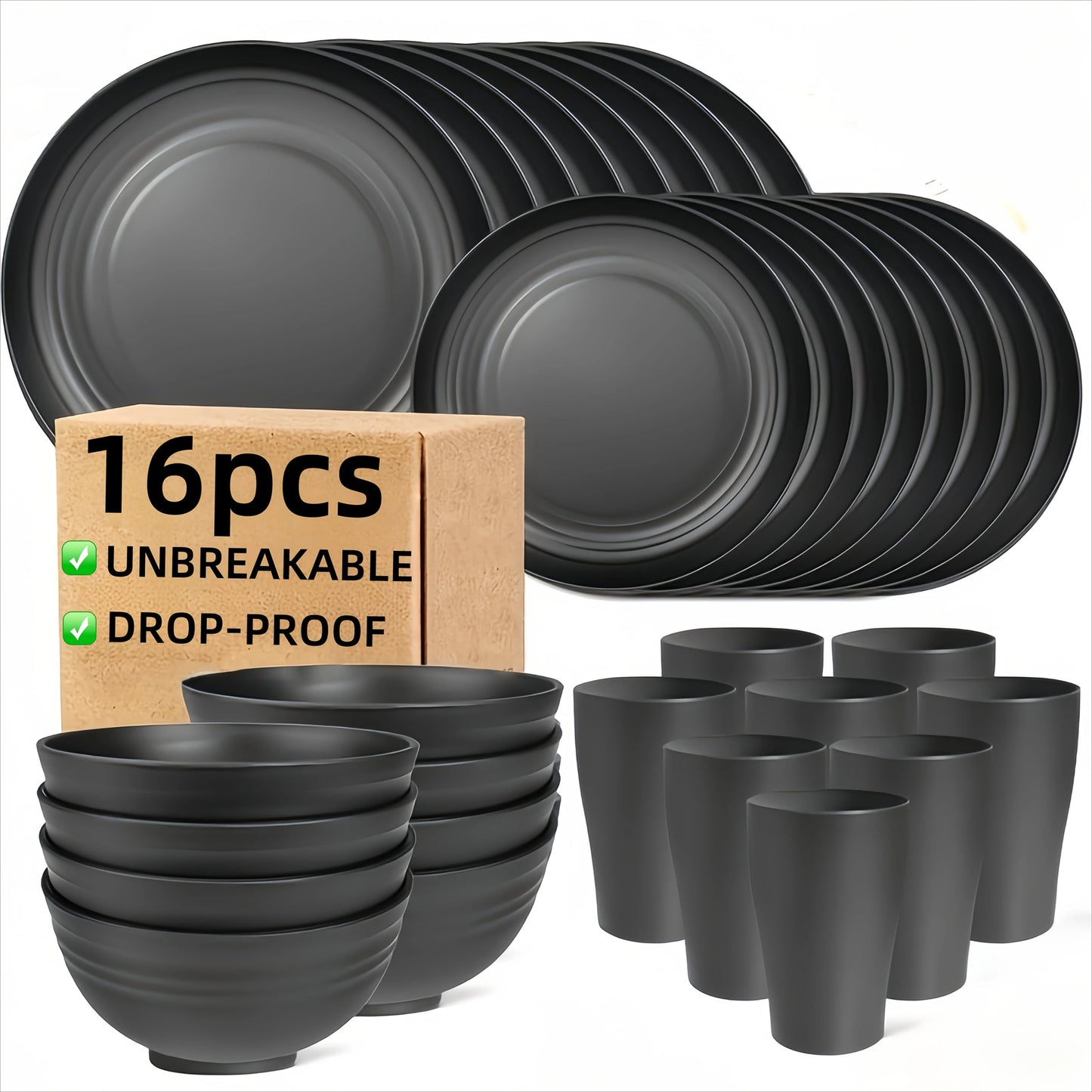 16-Piece Unbreakable Plastic Dinnerware Set, Microwave & Dishwasher Safe Plates, Bowls & Cups