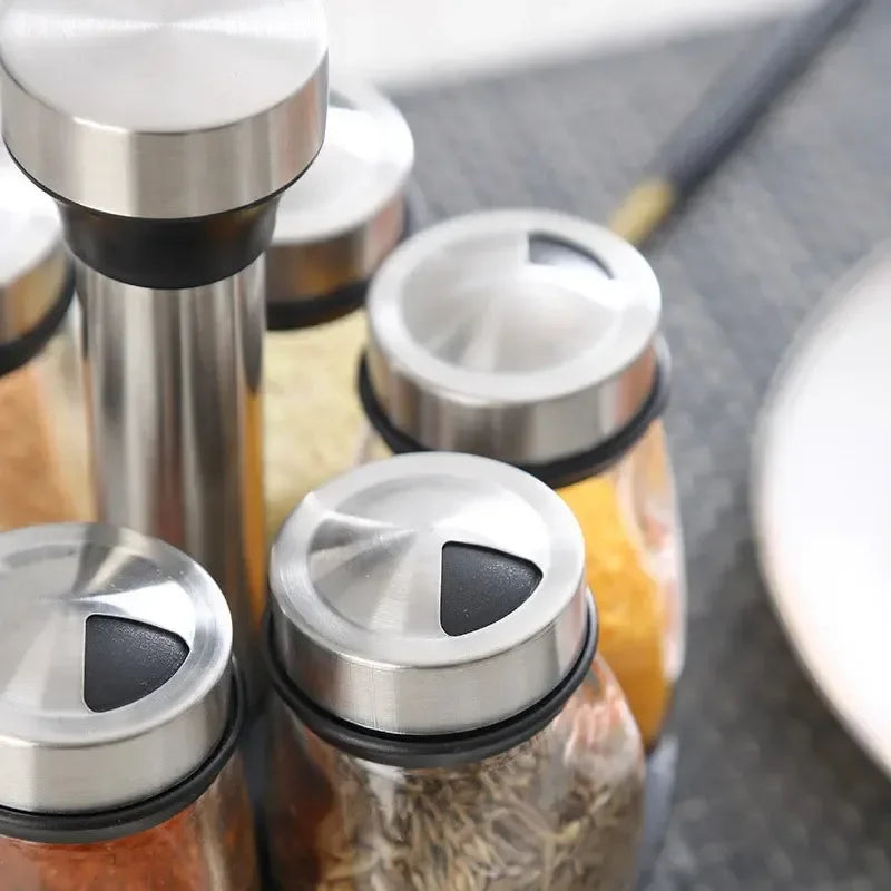 Kitchen Rotating Spice Bottle Set, Glass Seasoning Storage Jars with Rack for Salt, Sugar, Pepper & Spices