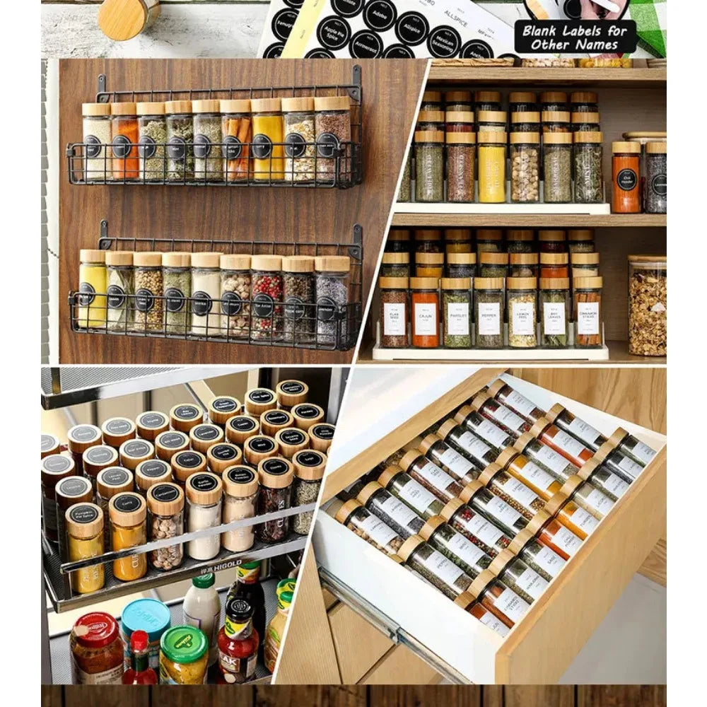 12Pcs Glass Spice Jars with Bamboo Lids – Kitchen Spice Jar Set with Minimalist Labels and Collapsible Funnel