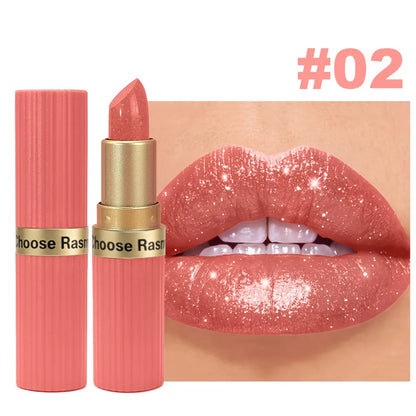 CHOOSE RASME Pearlescent Pink Glitter Velvet Lipstick, Metallic Matte Shimmer Waterproof Long-Lasting Moisturizing Diamond Lipstick, 3.5g