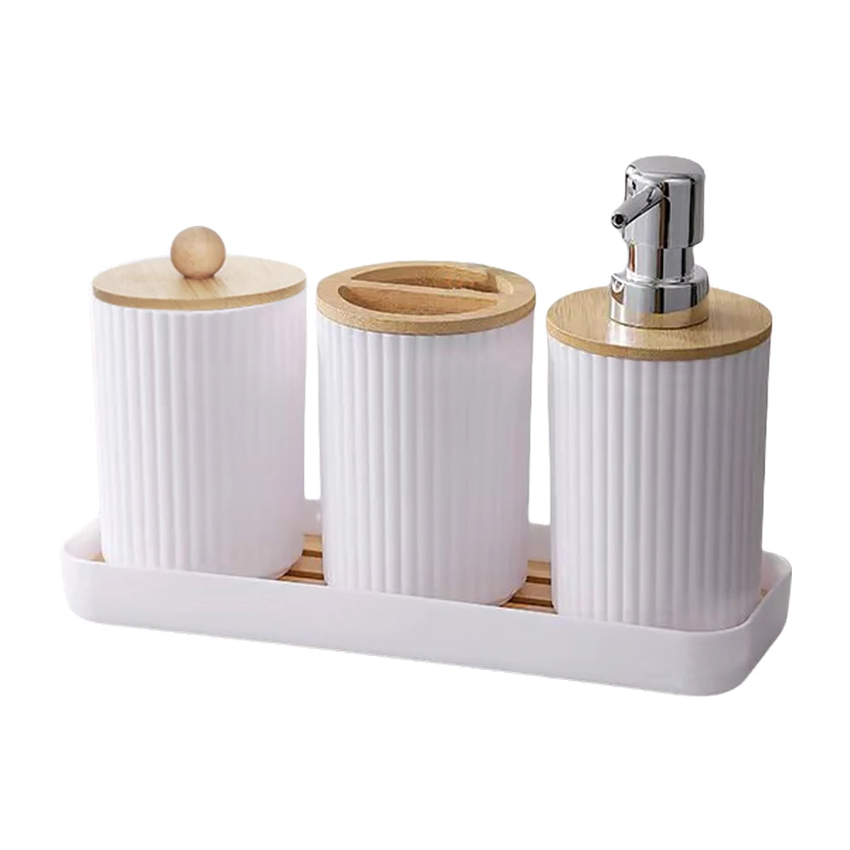 Bathroom Accessories Storage Box Set, PET & Bamboo Vanity Organizer with Soap Dispenser, Toothbrush & Cotton Swab Holder