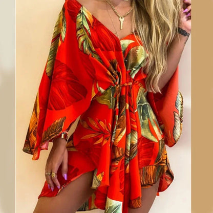 Women’s Floral Print Mini Dress with V-Neck and Batwing Sleeves, Bohemian Loose Fit Summer Beach Sundress Casual Vacation Dress