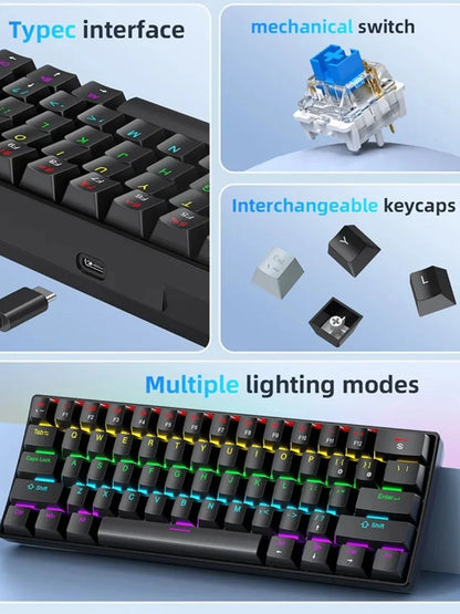 FreeWolf K61 Wired Mechanical Gaming Keyboard, 60% Compact 61-Key Layout, RGB Backlit, Phantom Switches, USB Plug and Play Keyboard for PC, Laptop, and Tablet