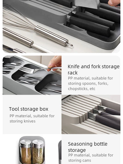 Kitchen Drawer Cutlery Storage Tray, Multi-Functional Knife Holder & Spoon Fork Organizer with Spice Bottle Storage Rack