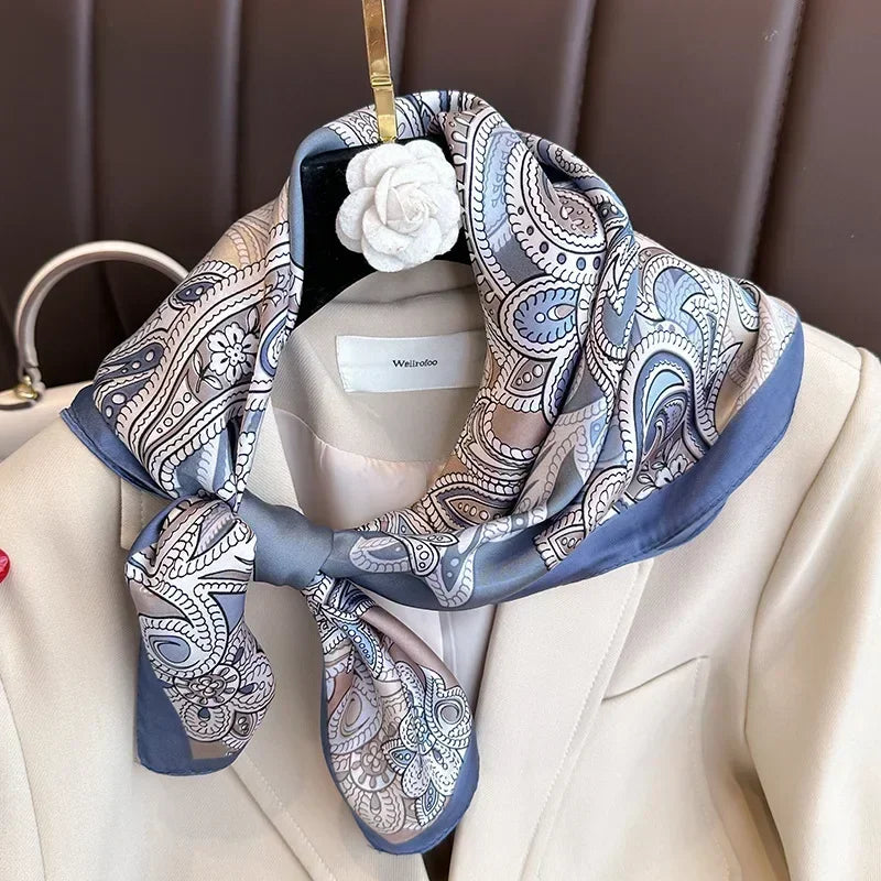 Luxury Printed Silk-Style Square Scarf for Women, Soft Satin Neckerchief Headband and Hair Ribbon, Fashion Hijab and Bag Accessory for Office and Daily Wear
