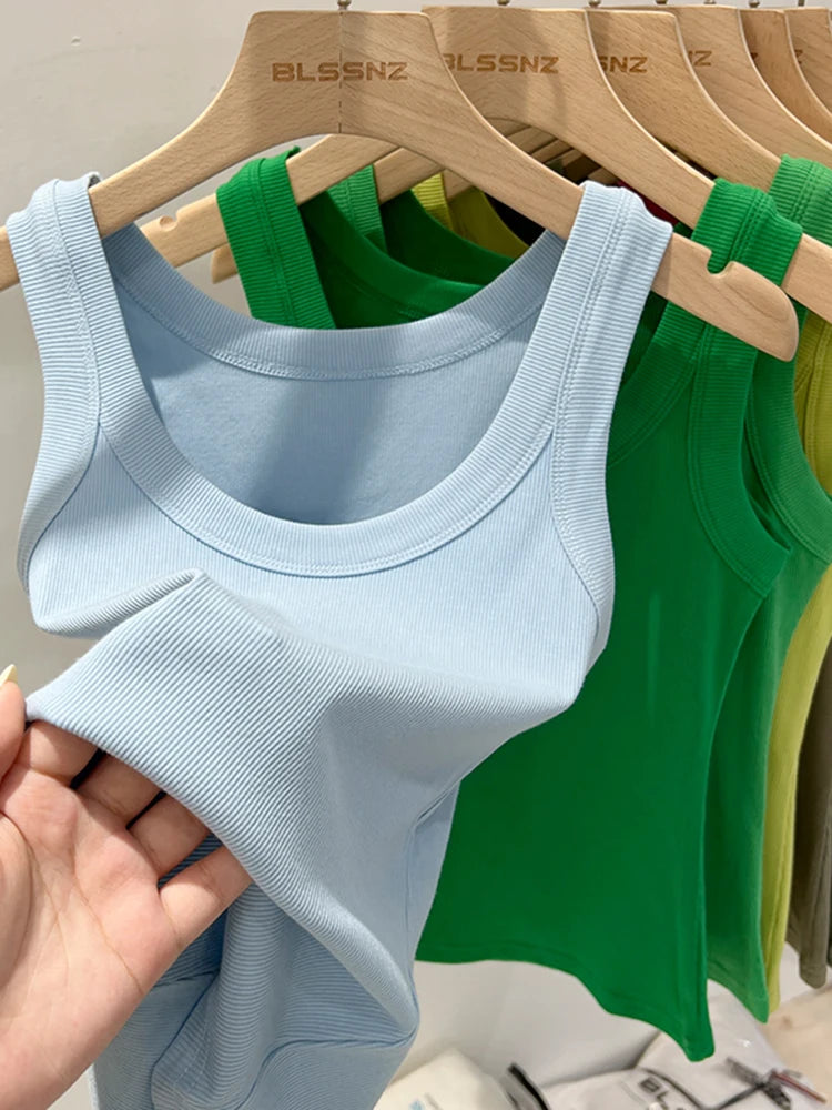 Women’s Ribbed Cotton Tank Top Solid Color Round Neck Camisole, High Stretch Summer Basic O-Neck Sleeveless Casual Top
