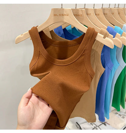 Women’s Ribbed Cotton Tank Top Solid Color Round Neck Camisole, High Stretch Summer Basic O-Neck Sleeveless Casual Top