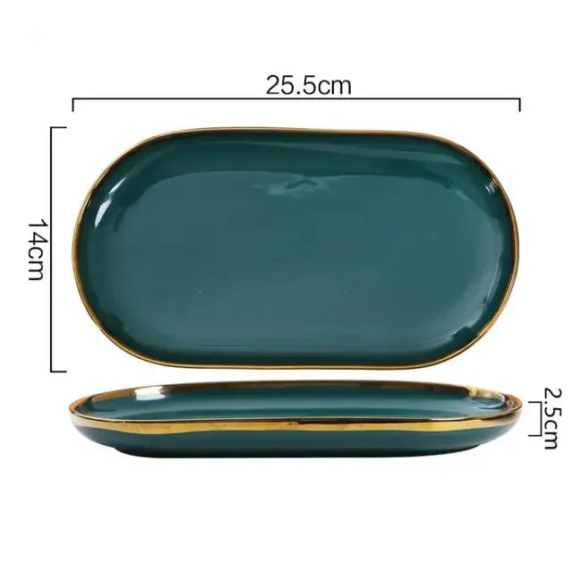 Luxury Green Ceramic Dinnerware Set with Gold Rim, Porcelain Plates & Bowls for Dessert, Salad & Soup