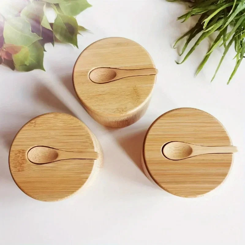 Salt Seasoning Jars Pepper Jar Set – Bamboo Condiment Box Sugar Storage Pot with Lid Multi-Purpose Bowls