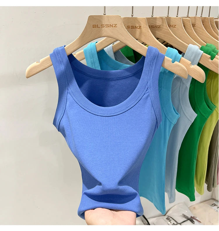 Women’s Ribbed Cotton Tank Top Solid Color Round Neck Camisole, High Stretch Summer Basic O-Neck Sleeveless Casual Top