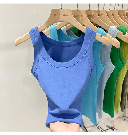 Women’s Ribbed Cotton Tank Top Solid Color Round Neck Camisole, High Stretch Summer Basic O-Neck Sleeveless Casual Top