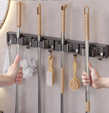 Aluminum Mop Holder Wall Mounted – Adjustable Broom & Mop Organizer Rack with Hooks and Strong Adhesive